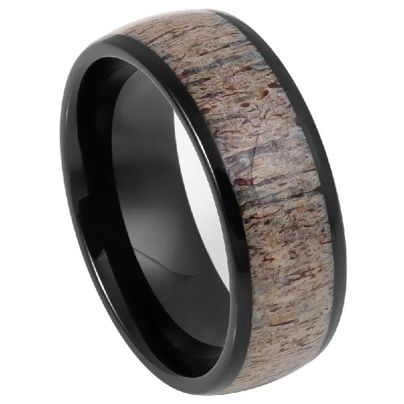 Brass forged ring-Tungsten Men's Domed Black IP Plated Real Deer Antler Inlay l  8mm