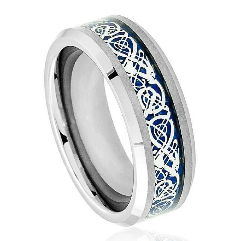 Rain drop ring-Tungsten Men's Shiny Beveled Edge with Blue Celtic Dragon Cut-out Inlay l 8mm