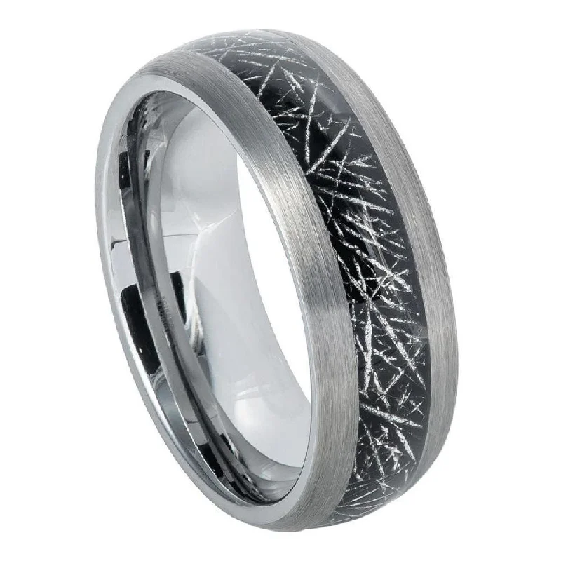 Lunar design ring-Tungsten Men's Semi-Domed Black IP Imitation Meteorite l 8mm