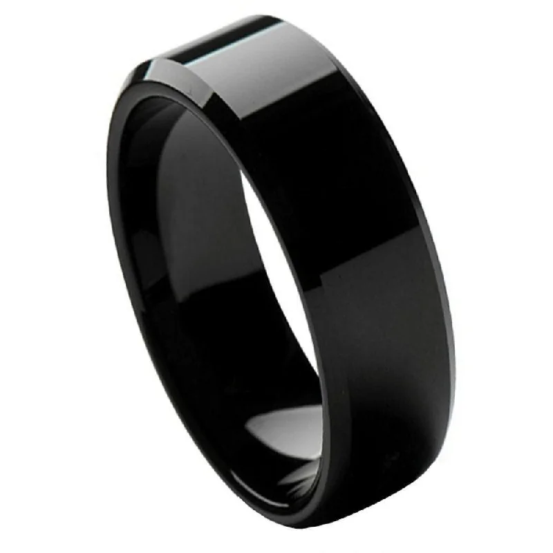 Jointed gem ring-Tungsten Men's Black High Polished Beveled Edge Ring l 8mm