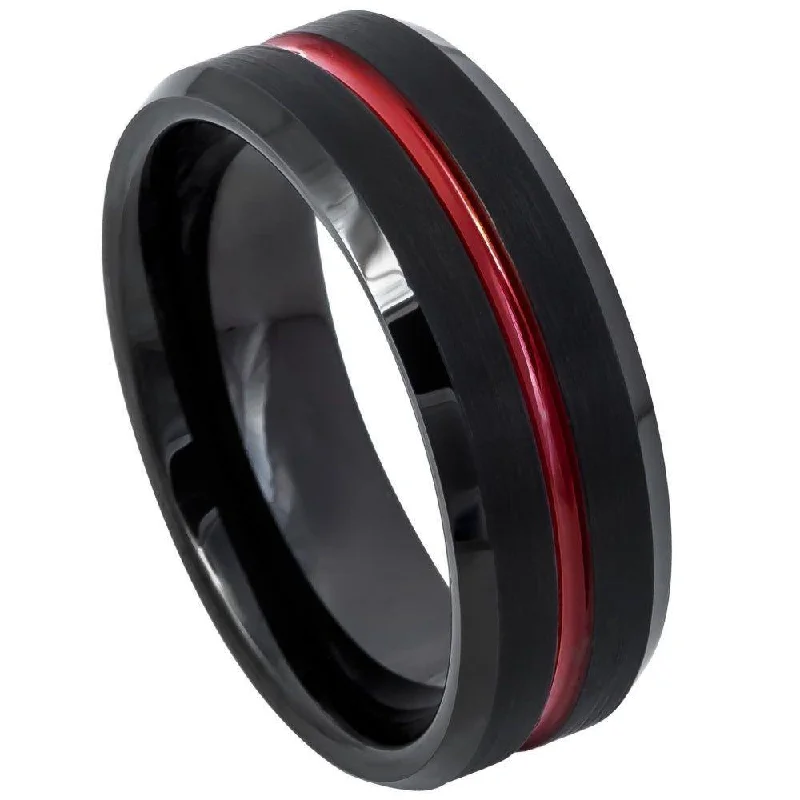 Saffron quartz ring-Tungsten Black Brushed Bevel Edge Ring with Red Polished Line-8mm