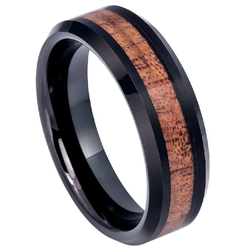 Border gem ring-Black IP Tungsten Hawaiian Koa Wood Inlay and Beveled Edges-6mm