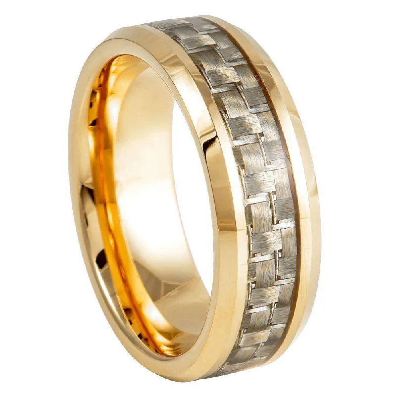 Mesh grid ring-Tungsten Yellow Gold Plated IP with Golden Carbon Fiber Inlay