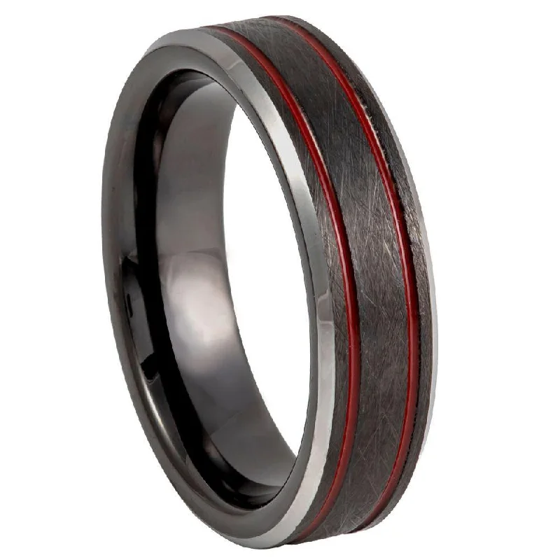 Gill ridge ring-Tungsten Charcoal Gray Ice Finish and Two Thin Grooved Red Lines-6mm