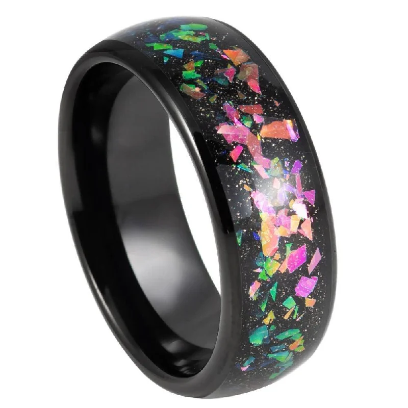 Grooved rim ring-Black Tungsten Ring with Synthetic Opal and Abalone Mosaic-8mm