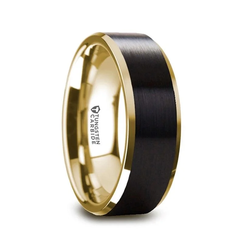 Soft stripe ring-GASTON Men's Gold Plated Tungsten Polished Beveled Brushed Black Center - 8mm