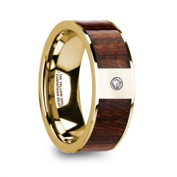 Suede band ring-SOPHOS Men’s Carpathian Wood Inlaid Polished 14KY Gold Ring-8mm