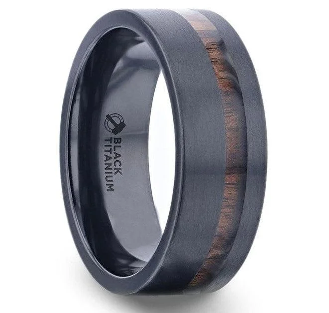 Opal glass ring-DARING Off-Set Koa Wood Inlaid Black Titanium Men's Ring With Flat Polished Finish