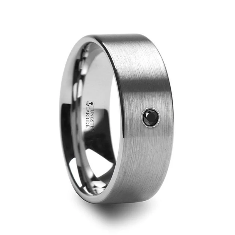 Oat stem ring-IRENAEUS Flat Brushed Tungsten Mens Ring with Black Diamond - 8mm