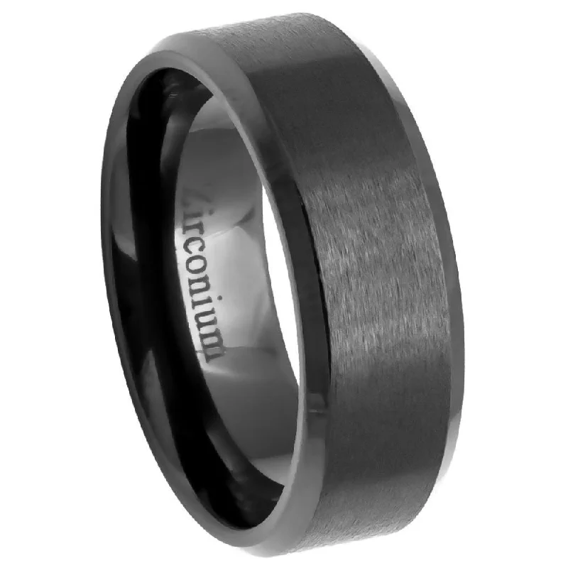 Spiral shank ring-Men's Black Zirconium Ring with Brushed Center and Beveled Edge l 8mm