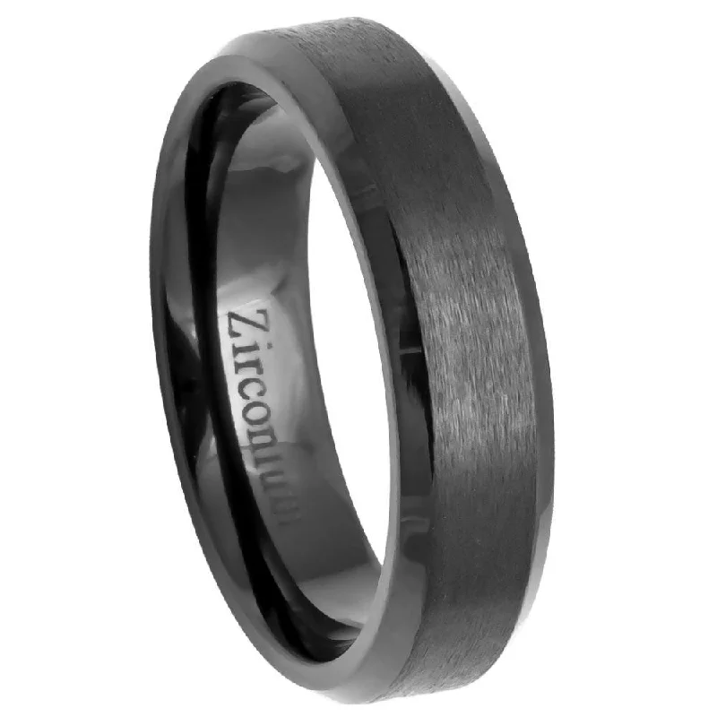 Hooked clasp ring-Men's Black Zirconium Ring Brushed Center with Beveled Edges l 6mm