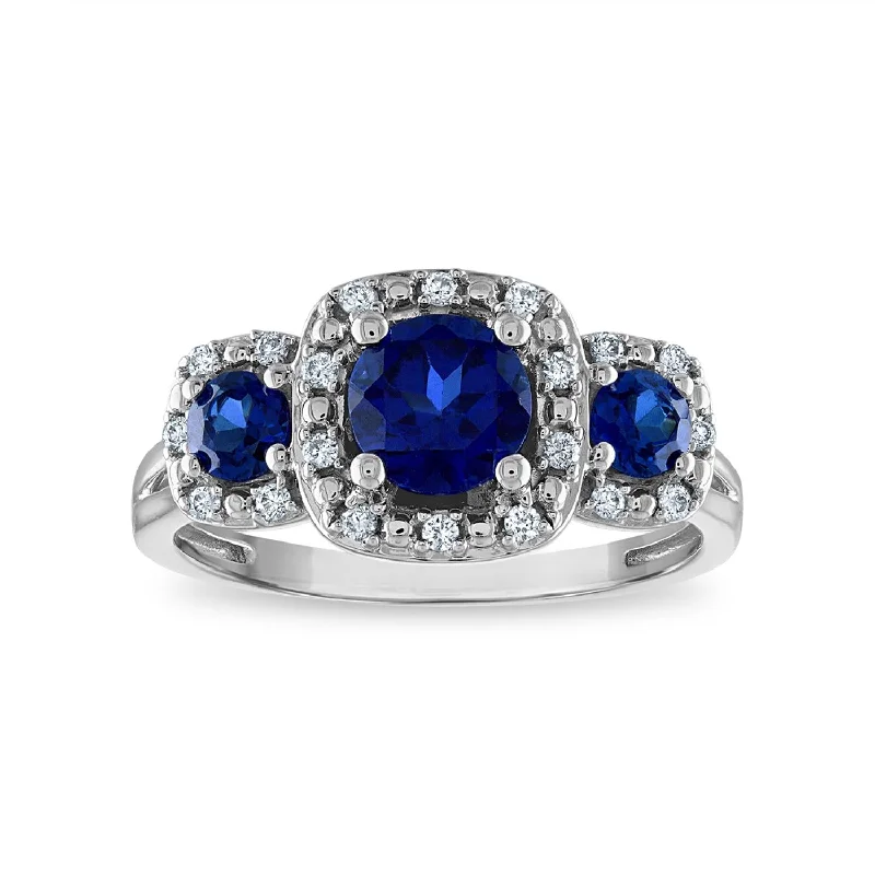 Pleated band ring-LoveSong EcoLove 6XMM Round Blue Sapphire and Diamond Three Stone Halo Ring in 10KT White Gold