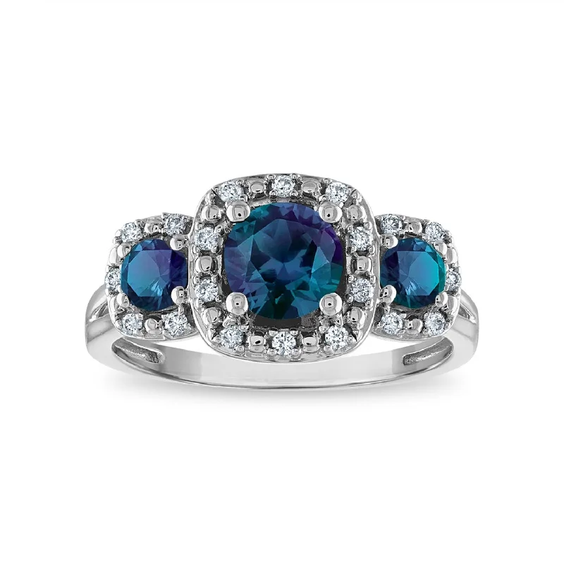 Sea sponge ring-LoveSong EcoLove Round Alexandrite and Sapphire Three Stone Halo Ring in 10KT White Gold