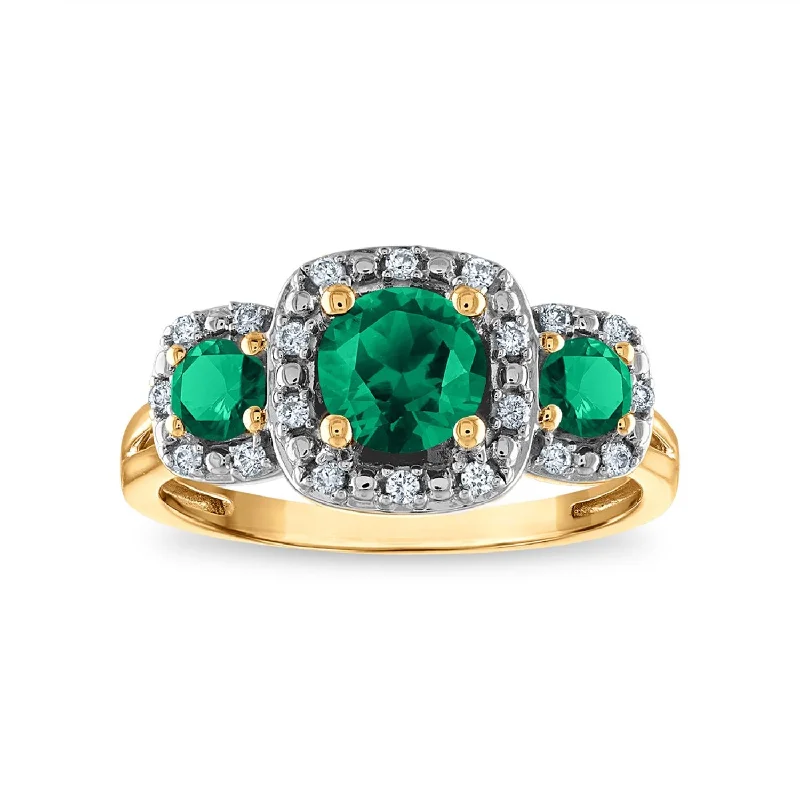 Bunched stone ring-LoveSong EcoLove Round Emerald and Emerald Three Stone Halo Ring in 10KT Yellow Gold