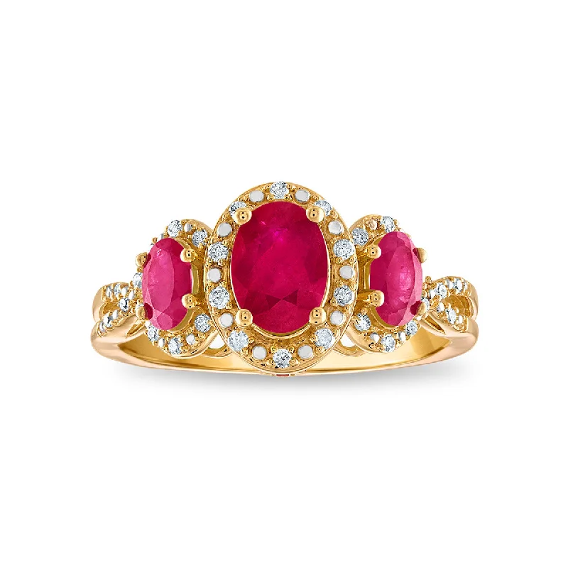 Toasted wood ring-LoveSong Oval Ruby and Diamond Three Stone Ring in 10KT Yellow Gold