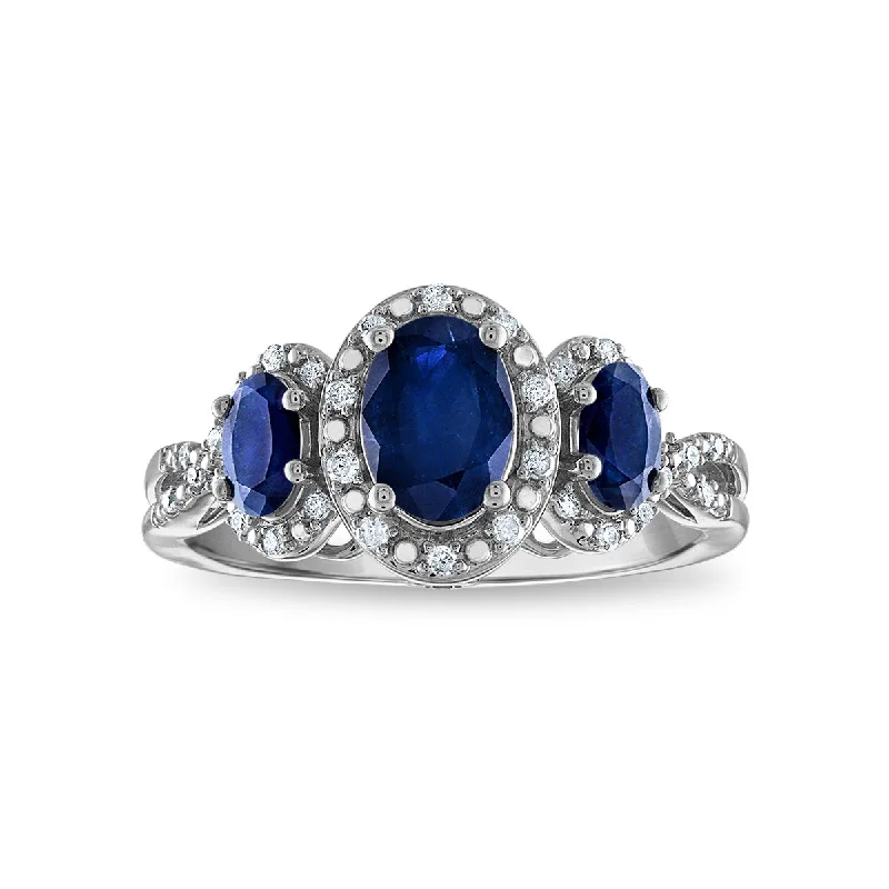 Triple knot ring-LoveSong Oval Sapphire and Diamond Three Stone Halo Ring in 10KT White Gold