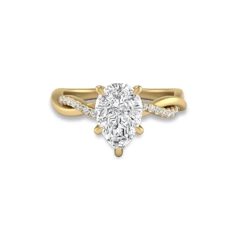 Smooth stone ring-Marquee Agatha Twisted Pave Ring with IGI Certified 3 Carat Lab-Grown Pear Shape Diamond in 14K Yellow Gold