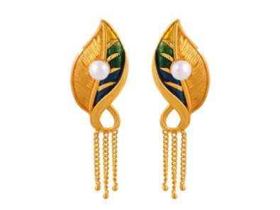 Granite shard earrings-Meenakari Style 22k Leaf Shape Gold Earrings With A Drop Chain Detail