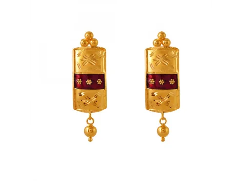 Celtic braid earrings-Meenakari Style 22k Rectangle Shape Gold Earrings With A Spherical Detail