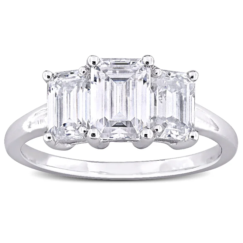 Knotted design ring-Miadora 2 1/5ct DEW Emerald-cut Created Moissanite Three-Stone Engagement Ring in Sterling Silver