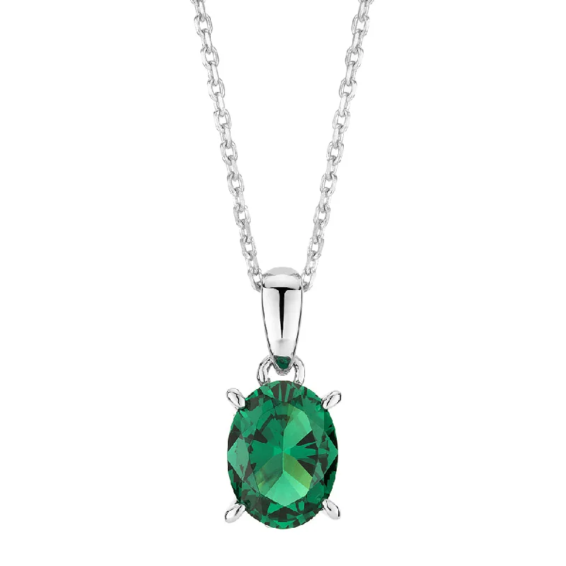 Shining spark necklace-Oval and Round Brilliant solitaire necklace with emerald and diamond simulants in sterling silver