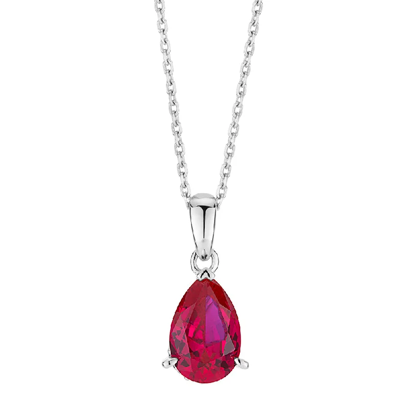 Brass forged necklace-Pear and Round Brilliant solitaire necklace with ruby and diamond simulants in sterling silver