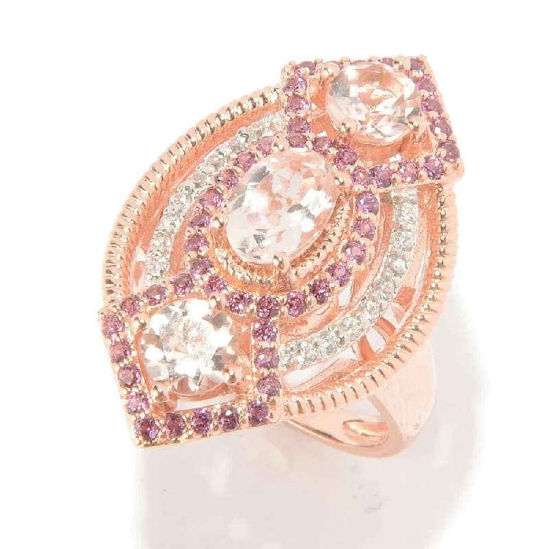 Vintage flair ring-Pinctore 18K Vermeil Morganite, Rhodolite & White Zircon Cocktail Ring, Size 7 - Pink