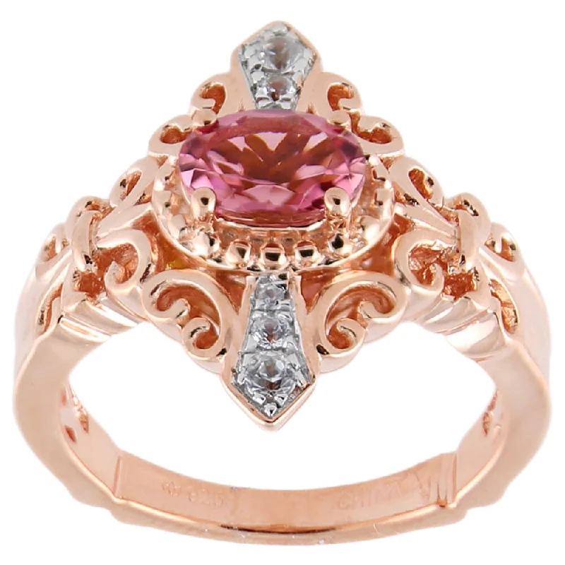 Rotating gem ring-Pink Tourmaline White Zircon Fleur-de-lis Scrollwork Ring