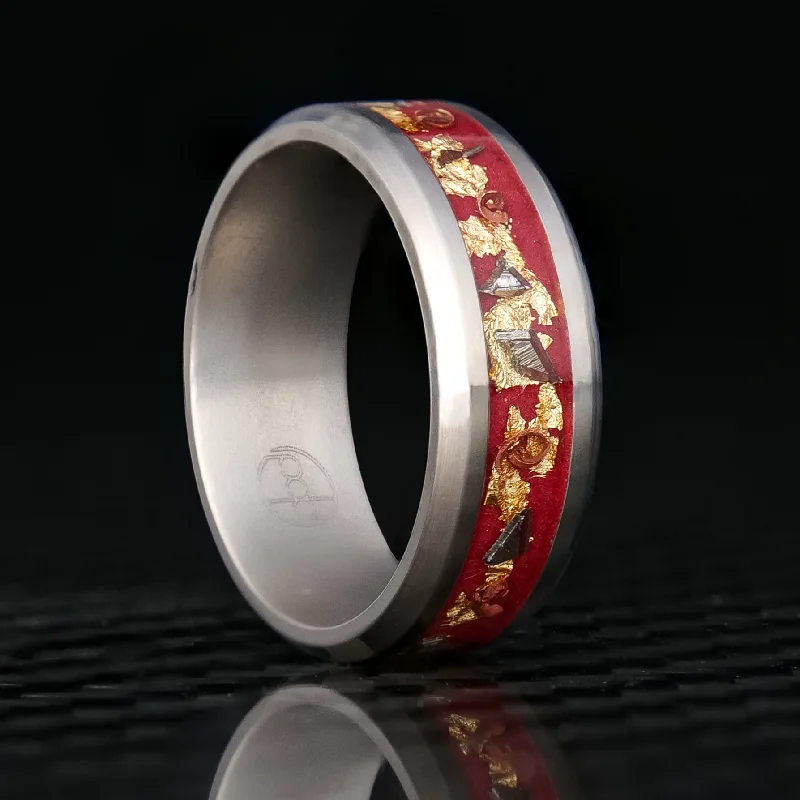 Skewed gem ring-Regal Glowstone Ring on Titanium | Meteorite, Copper, and Gold Leaf