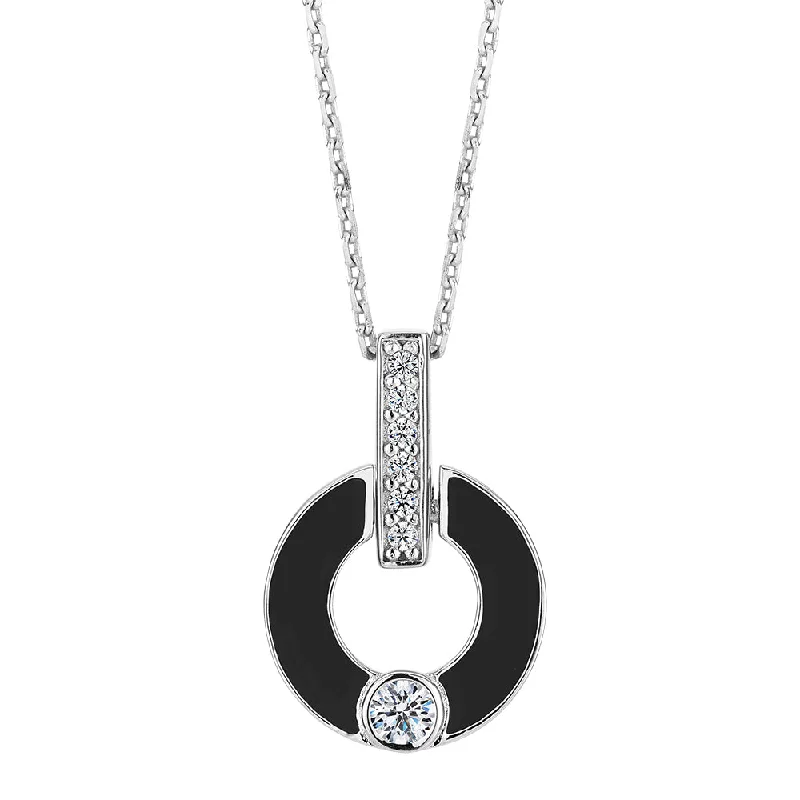 Brushed chain necklace-Round Brilliant drop necklace with diamond simulants in black enamel and sterling silver