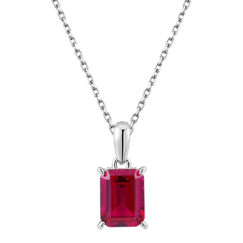 Nickel chain necklace-Round Brilliant solitaire necklace with ruby simulant in sterling silver