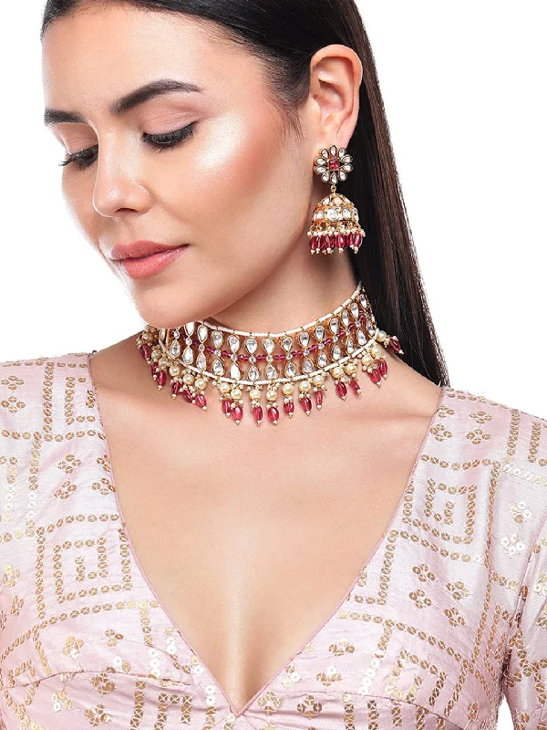 Creeper vine necklace-Rubans Gold Plated Kundan Choker Set With Red Beads And Pearls