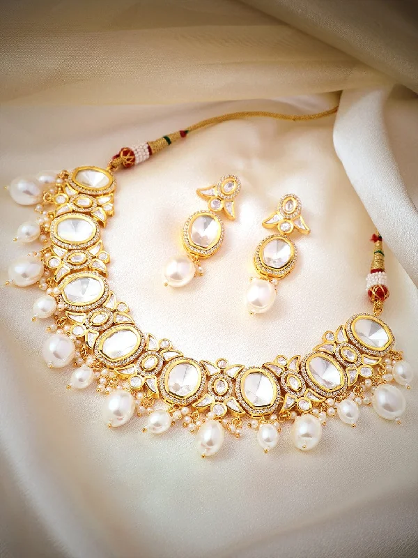 Woven chain necklace-Rubans Gold Plated Polki Necklace Set with Pearl