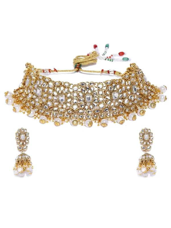 Jointed gem necklace-Rubans Gold-Plated White AD-Studded & Pearl Beaded Handcrafted Jewellery Set