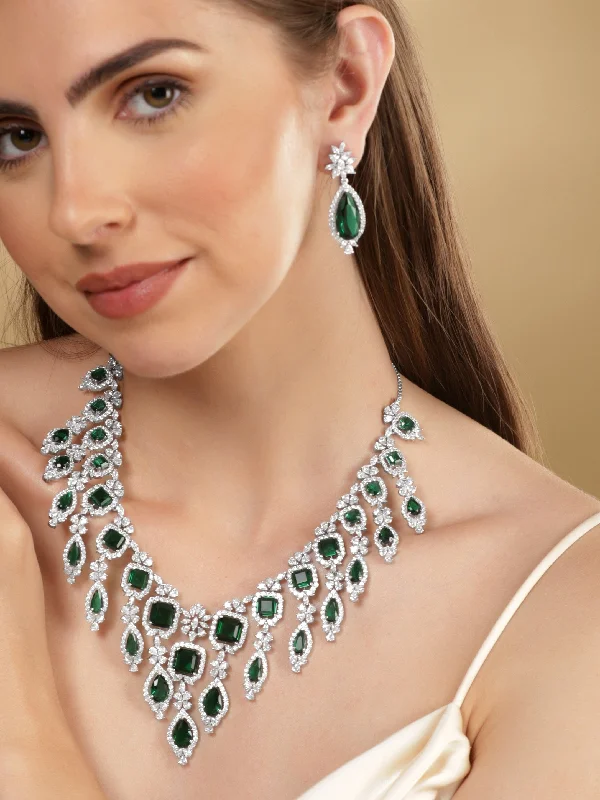 Ash husk necklace-Rubans Rhodium Plated Emerald Green Zirconia Statement Jewellery Set