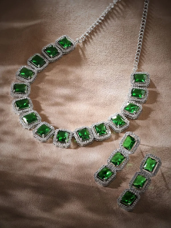 Celtic braid necklace-Rubans Rhodium Plated Premium White & Emerald Solitaire Zircons Necklace Set