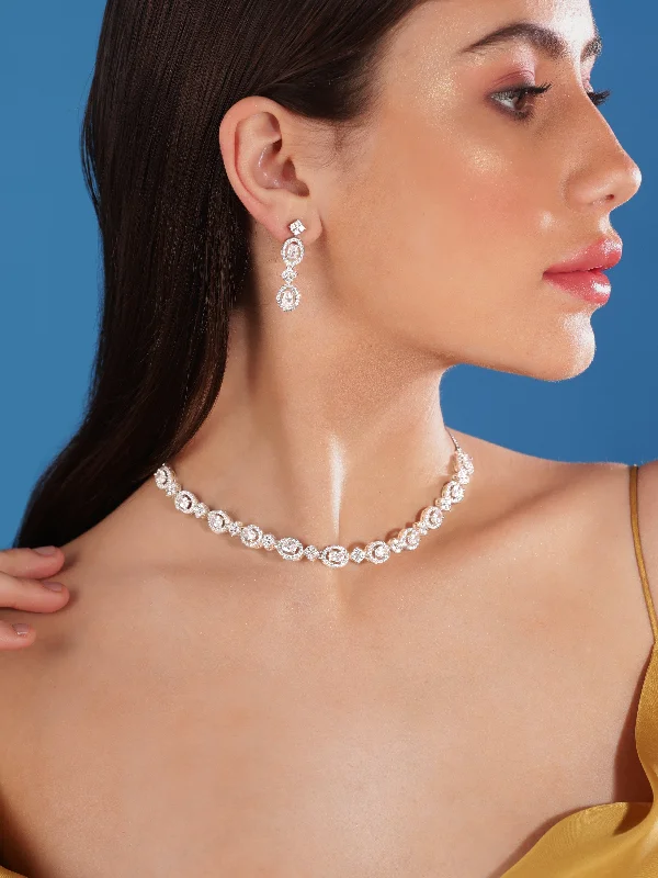 Angled rim necklace-Rubans Rhodium Plated Zircon Studded Necklace Set