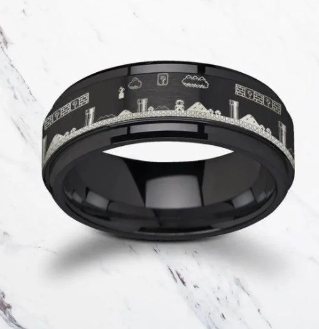 Ash husk ring-Spinning Engraved Super Mario Bros Pixel Level Game Black Tungsten Carbide Ring- 8mm