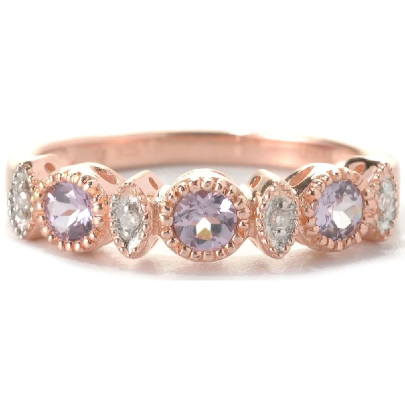 Frilled rim ring-SS/ 18k Rose Vermeil 0.36ct TW Lavender Spinel/ Diamond Accent Stack Ring