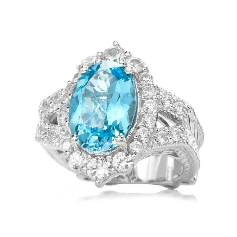 Carved groove ring-Sterling Silver 18.00ctw Swiss Blue Topaz & White Zircon Ring