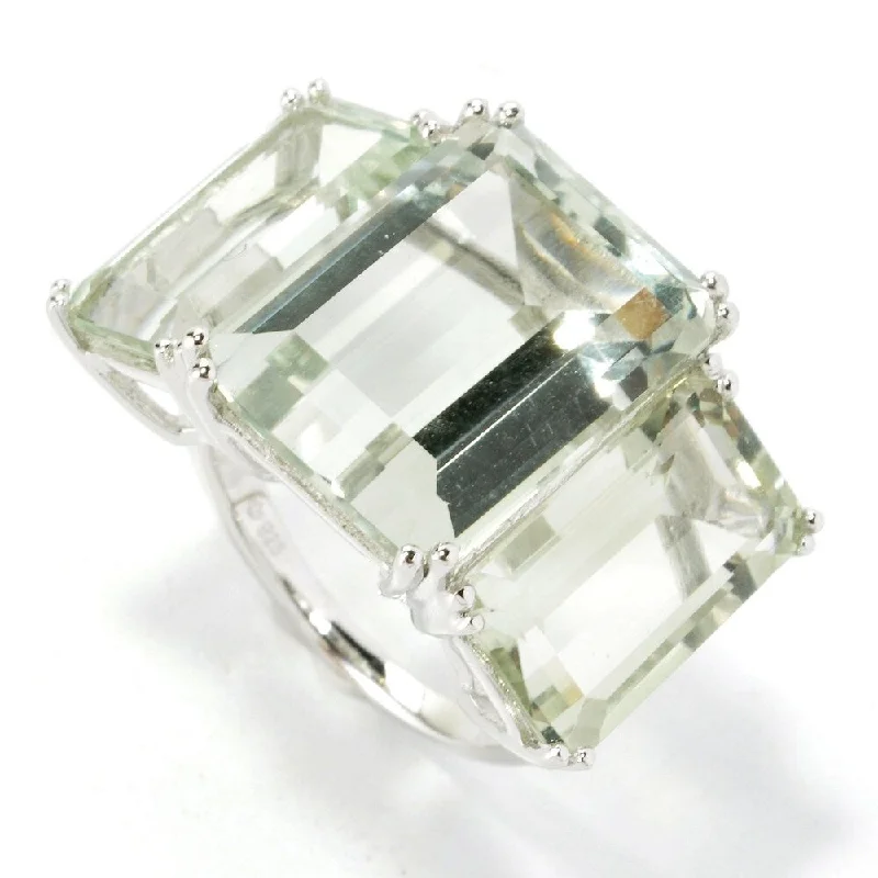 Jade point ring-Sterling Silver Emerald-cut Green Amethyst Three-stone Ring