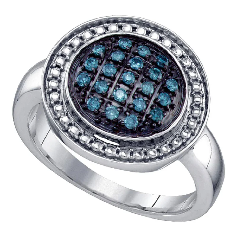 Plaited weave ring-Sterling Silver Womens Round Blue Color Enhanced Diamond Circle Cluster Ring 1/5 Cttw