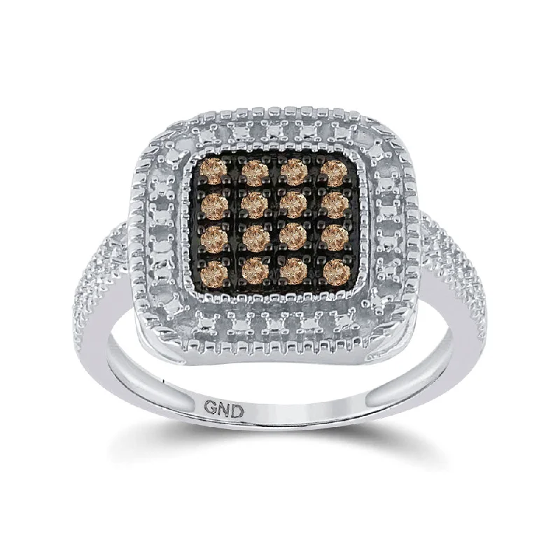 Soft stripe ring-Sterling Silver Womens Round Brown Diamond Square Cluster Ring 1/5 Cttw