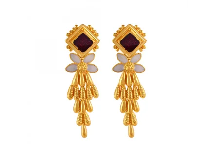 Basil sprig earrings-Stylish 22k Floral Gold Drop Earrings With Meenakari Work