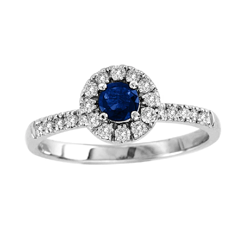 Fourteen-stone ring-Suzy Levian 14K White Gold Blue Sapphire & Diamond Accent Petite Bridal Ring