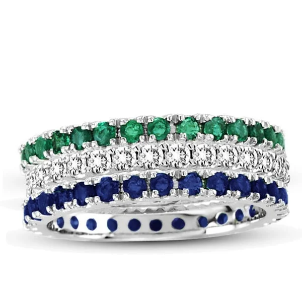 Clam pearl ring-Suzy Levian 14K White Gold Diamond Emerald Sapphire Eternity Band Ring (Set of 3)