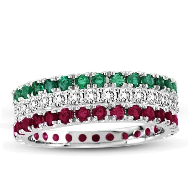 Smooth stone ring-Suzy Levian 14K White Gold Diamond Ruby Emerald 3-piece Eternity Band Ring Set