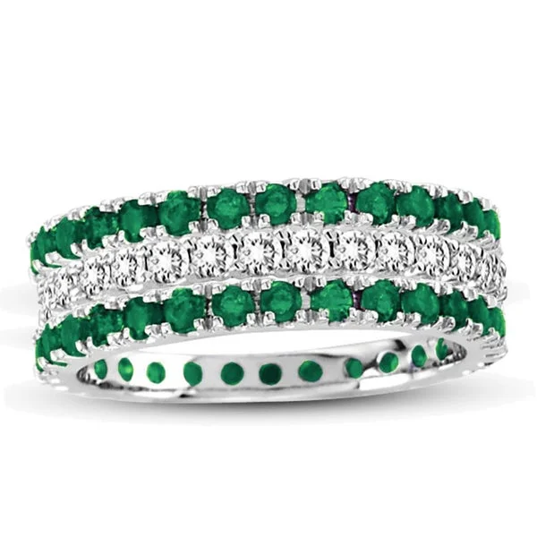 Flint speck ring-Suzy Levian 14k White Gold Emerald Diamond 3-piece Eternity Band Ring Set