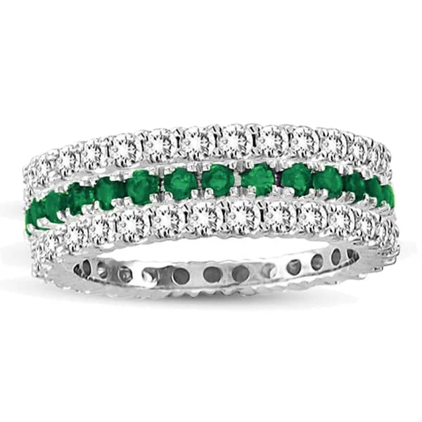 Mesh grid ring-Suzy Levian 14k White Gold Emerald Diamond 3-piece Eternity Band Ring Set