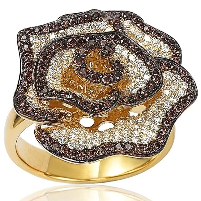 Stone relic ring-Suzy Levian Golden Sterling Silver Brown and White Cubic Zirconia Pave Flower Ring